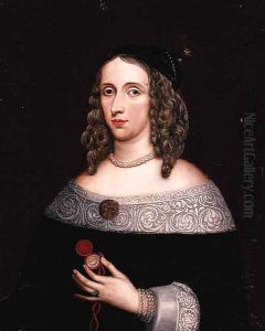 Portrait Of A Lady, Half-Length, In A Black Dress With White Lace Trim, Holding A Pocket Watch In Her Left Hand