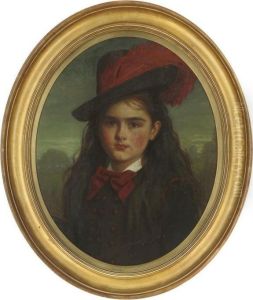 Portrait Of A Young Girl, 
Bust-length, In A Moave Coat And Hat Witha Burgundy Feather, A Landscape
 Beyond