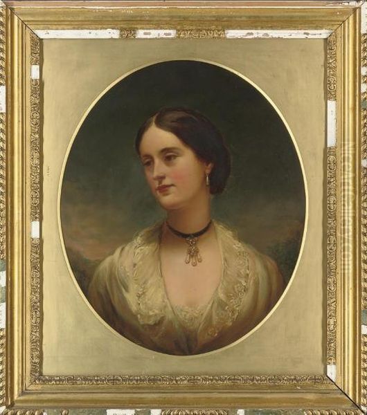 Portrait Of A Lady, Bust-length,
In A Lace Chemise, With A Pearl And Diamond Choker, A Landscape Beyond,
In A Painted Oval - view 1