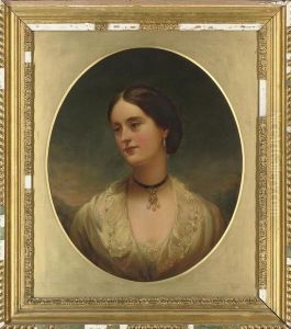 Portrait Of A Lady, Bust-length,
 In A Lace Chemise, With A Pearl And Diamond Choker, A Landscape Beyond,
 In A Painted Oval