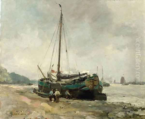 A moored Tjalk on a riverbank - view 1