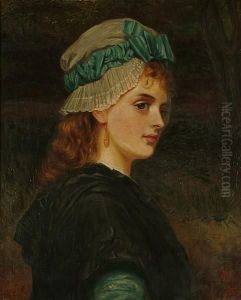 Portrait, Bust Length, Of Young Girl Wearing A Bonnet Decorated With A Blue Ribbon