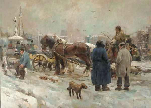 'In de sneeuw' a horse and carriage on a busy quay in winter near the Vierleeuwenbrug, Rotterdam - view 1