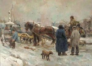 'In de sneeuw' a horse and carriage on a busy quay in winter near the Vierleeuwenbrug, Rotterdam by August Willem van Voorden
