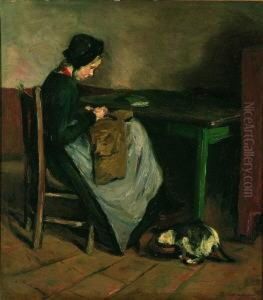 Nahendes Madchen Mit Katze - Hollandisches Interieur. by Max Liebermann
