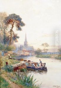 Barges On A River With A Church In Thedistance
