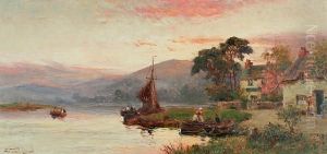 River Scene At Sunset, With Boats By Aninn by Walker Stuart Lloyd
