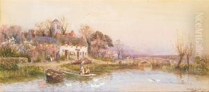 Figures Outside A Riverside Cottage; Rowing In
