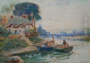 River Inlet Near Chichester Cathedral With Figures In Boats by Walker Stuart Lloyd