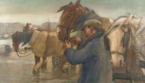 Tending to the horses on a Rotterdam quay by August Willem van Voorden