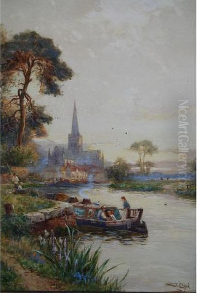 Figures On A Longboat With Figures Fishing On The River Bank And Distant Church - view 1