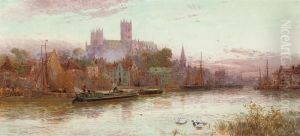 Barges On The River Witham Before Lincoln Cathedral, Dusk