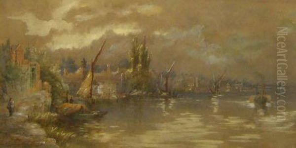 Extensive River Scene With Shipping And Figures - view 1