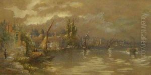 Extensive River Scene With Shipping And Figures by Walker Stuart Lloyd