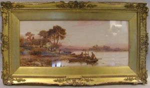 Lloyd, Edwardian Watercolour 
Thatchedcottages By Riverside, Signed And Dated 1908, 30x70cm by Walker Stuart Lloyd