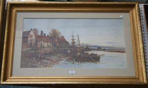Figures Loading Nets Into Boats Near Cottages Ona Quay