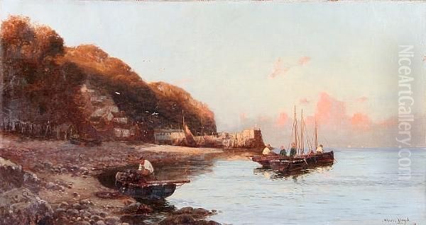 Shore Scene With Fishermen Tending Their Boats In A Calm - view 1
