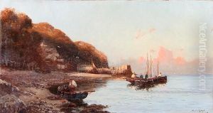 Shore Scene With Fishermen Tending Their Boats In A Calm