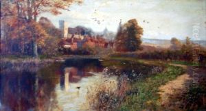 Village And Church Viewed From A River Village And Church Viewed From A River