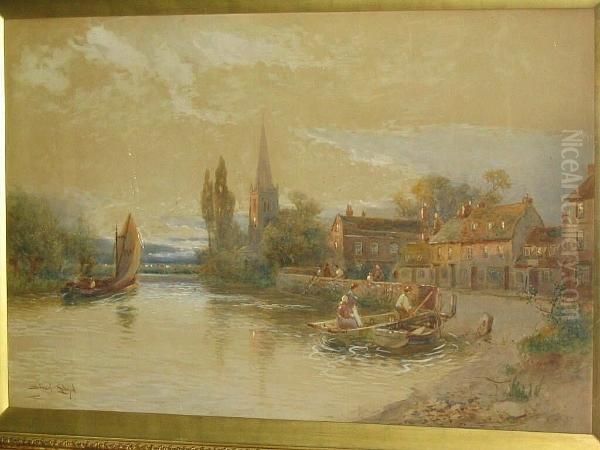 River Scene With Ferry Boat And Figures, A Village And Church Beyond - view 1