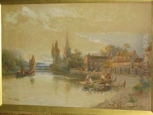 River Scene With Ferry Boat And Figures, A Village And Church Beyond by Walker Stuart Lloyd