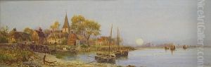 "bosham", Figured And Boats On A River At Sunset, Watercolour