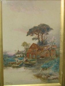 River Scene With Figures In Punts And Cottages On The Bank by Walker Stuart Lloyd