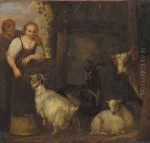 A shepherd couple courting by a barn, goats and a cow nearby A shepherd couple courting by a barn, goats and a cow nearby