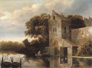 A river landscape with fishermen in a rowing boat, a farmhouse nearby