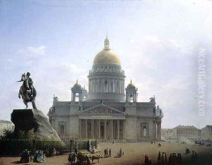 St. Isaacs Cathedral with a Statue of Peter the Great, 1844 by Maksim Nikiforovich Vorobiev