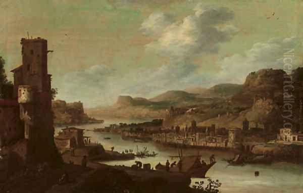 A mountainous river landscape with figures on moored ships near a ruined tower, a fortified town on the opposite river bank - view 1