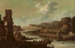 A mountainous river landscape with figures on moored ships near a ruined tower, a fortified town on the opposite river bank
