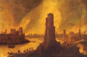 A burning city by a river with figures fleeing in the foreground