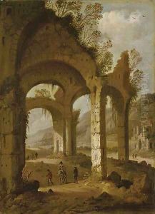 Classical ruins with travelers by Dirck Verhaert