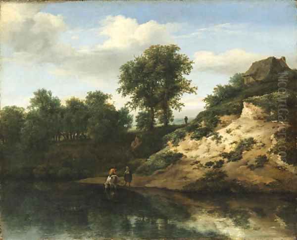 A wooded river landscape with figures conversing and a horse watering, a cottage on a hill beyond - view 1