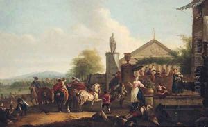 A hunting party halting by a fountain outside a villa by Carel van Falens or Valens