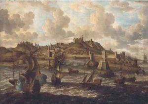 English and Dutch warships and Tunis galeasses before a fortified port, traditionally identified as Valetta