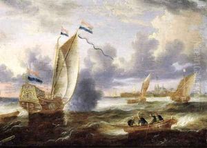 An Amsterdam State-yacht and other shipping on a river in a stiff breeze, a town in the distance