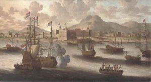 Dutch and English warships off a fortified Levantine port