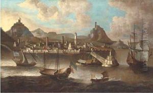 Mediterranean galeasses and an English man-o'war off a fortified Levantine port