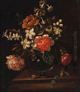 Flowers in a glass vase with a snail on a ledge