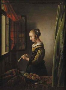 A girl reading a letter at an open window by Jan Vermeer Van Delft