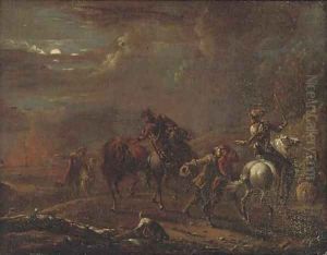 Figures fleeing a burning town