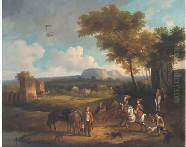 A broad landscape with a hawking party - view 1