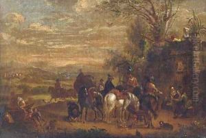 A landscape with a hawking party halted by a fountain