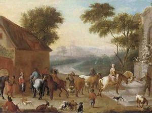 A hunting party halted before an inn