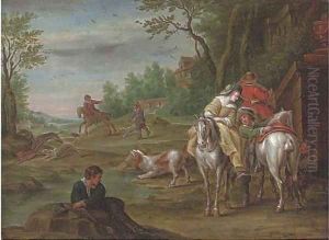 A wooded river landscape with a hunting party on a track by Carel van Falens or Valens