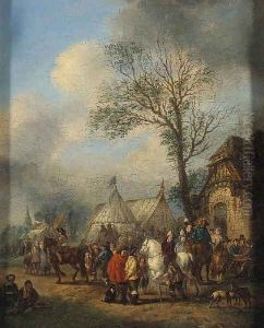 An elegant Hunting Party about to Depart; and Horsemen and other Figures before an Inn by Carel van Falens or Valens
