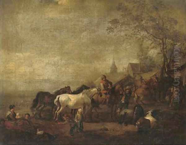 An encampment with officers on horseback - view 1