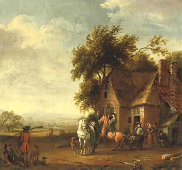 Soldiers resting outside an inn, a hilly landscape beyond - view 1